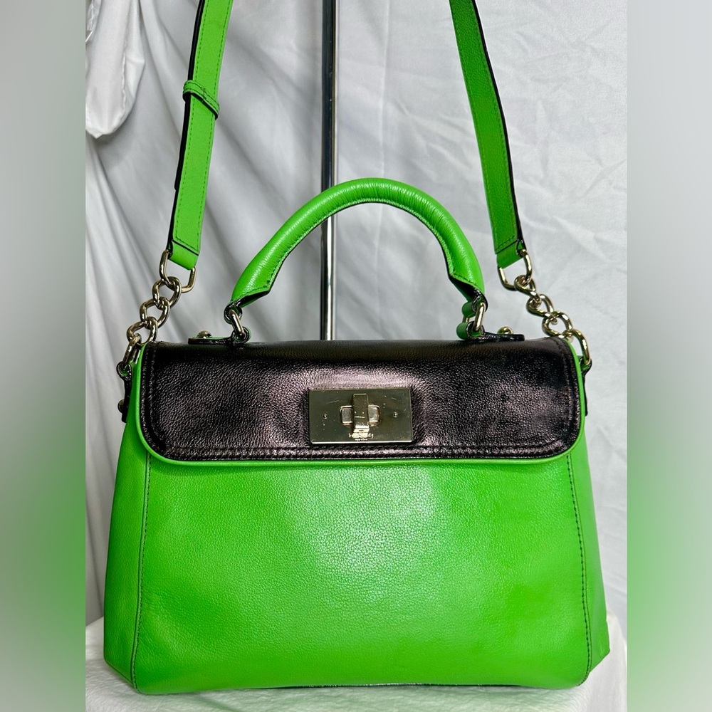 KATE SPADE Lime Kelly Green Black Leather Convertible Top Handle Crossbody Bag